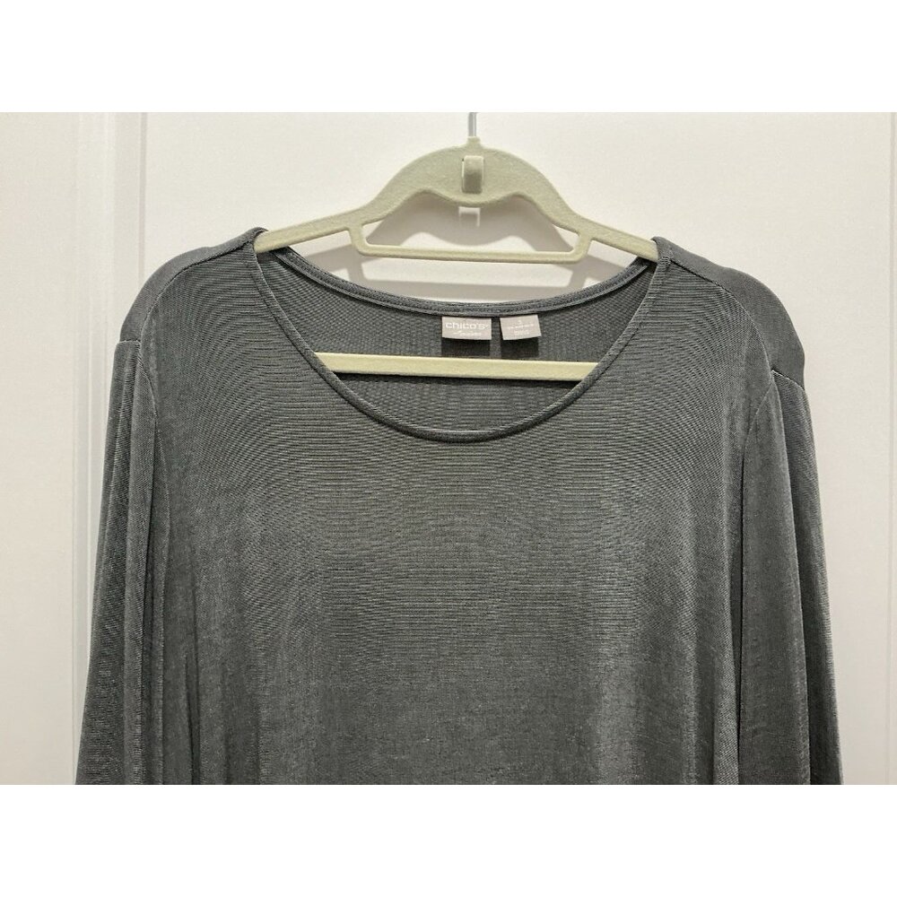 Chicos Traveler Top Size 3 (16-18) Grey Ruffle Cuff Long Sleeves - Picture 2 of 9
